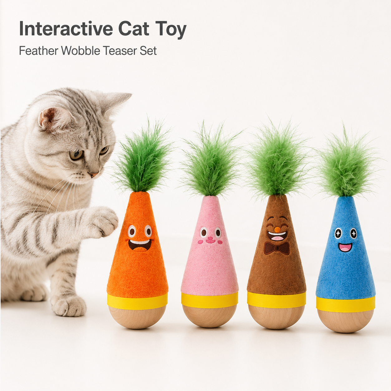 Interactive Feather Wobble Cat Toy - 4 Different Colour Tumbler Teaser Toys