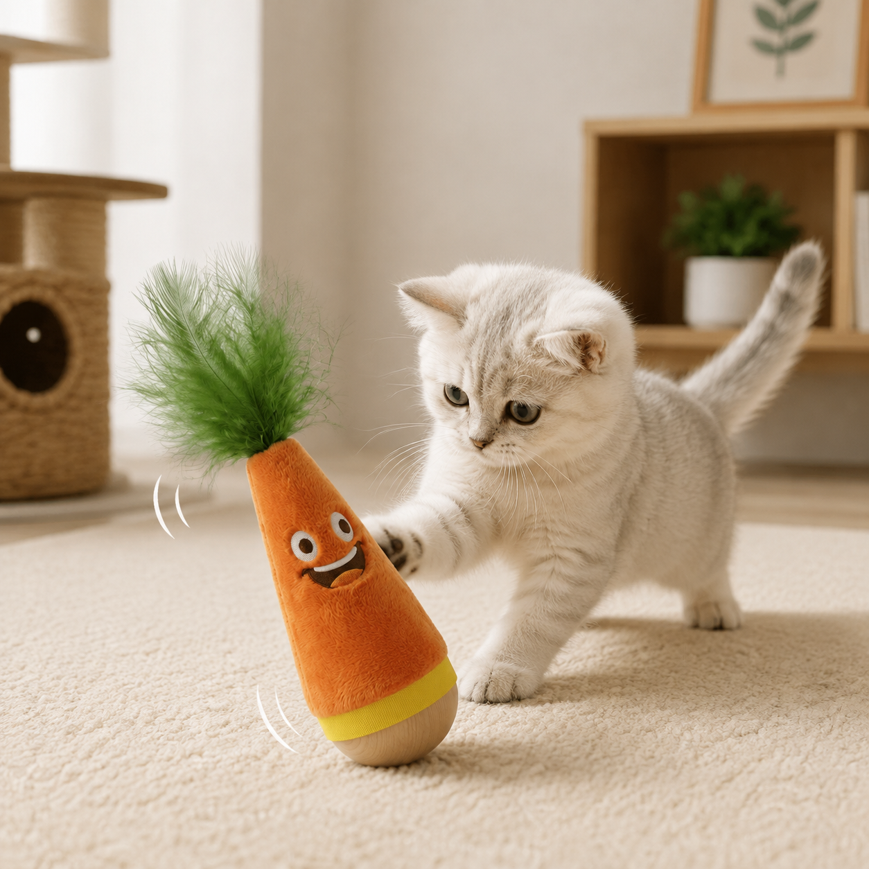Interactive Feather Wobble Cat Toy - 2 Orange Tumbler Teaser Toys for Cats