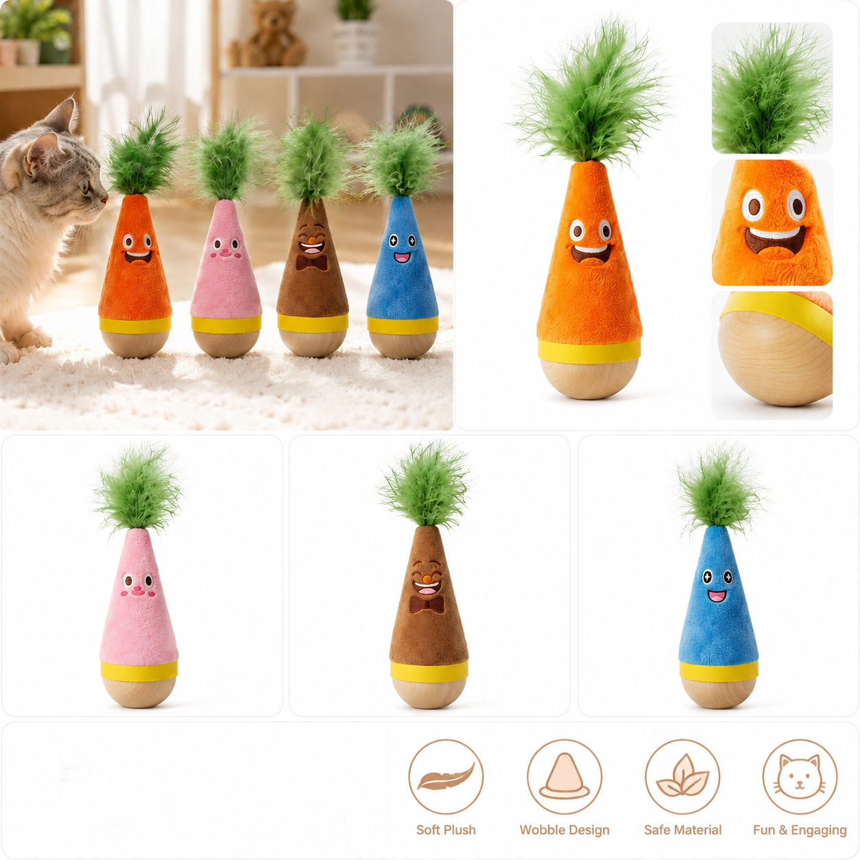 Interactive Feather Wobble Cat Toy - 2 Orange Tumbler Teaser Toys for Cats view 3
