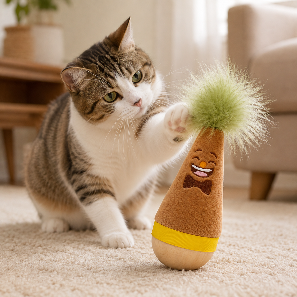 Interactive Feather Wobble Cat Toy - 2 Brown Tumbler Teaser Toys for Cats
