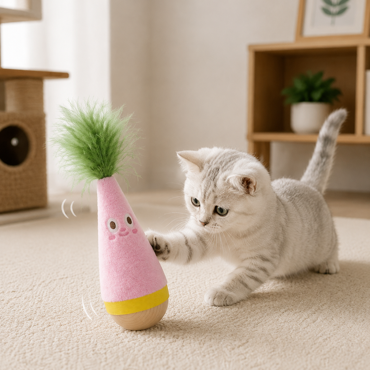 Interactive Feather Wobble Cat Toy - 2 Pink Tumbler Teaser Toys for Cats view 2
