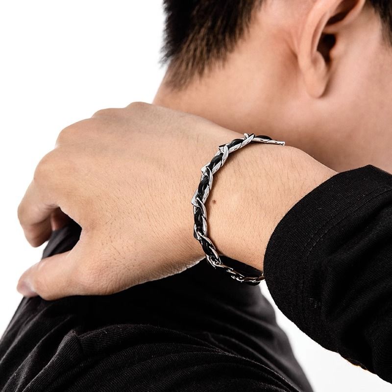 Men's Titanium Steel Bracelet(19cm)- Black and Silver-Tone Chain Link Wrist view 3