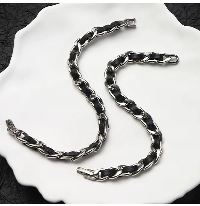 Men's Titanium Steel Bracelet(19cm)- Black and Silver-Tone Chain Link Wrist view 5