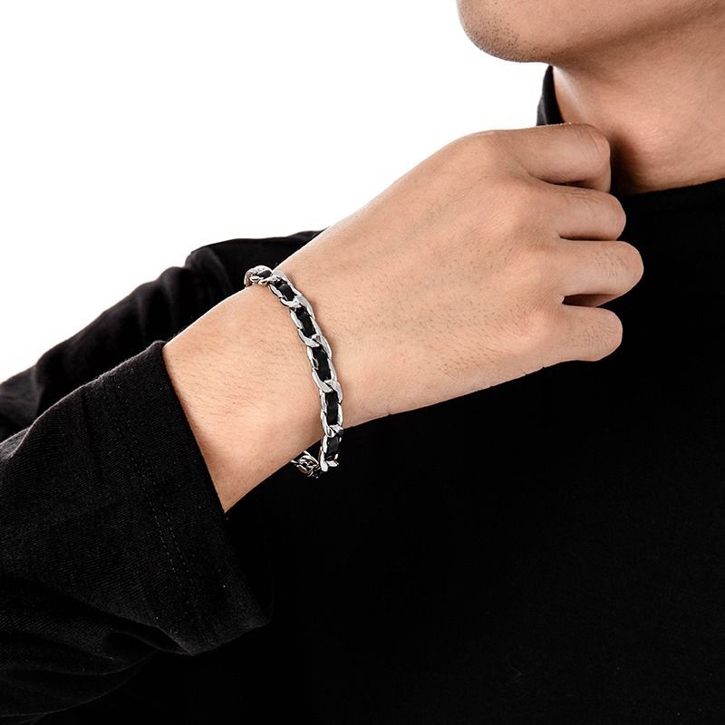 Men's Titanium Steel Bracelet(21cm)- Black and Silver-Tone Chain Link Wrist view 2