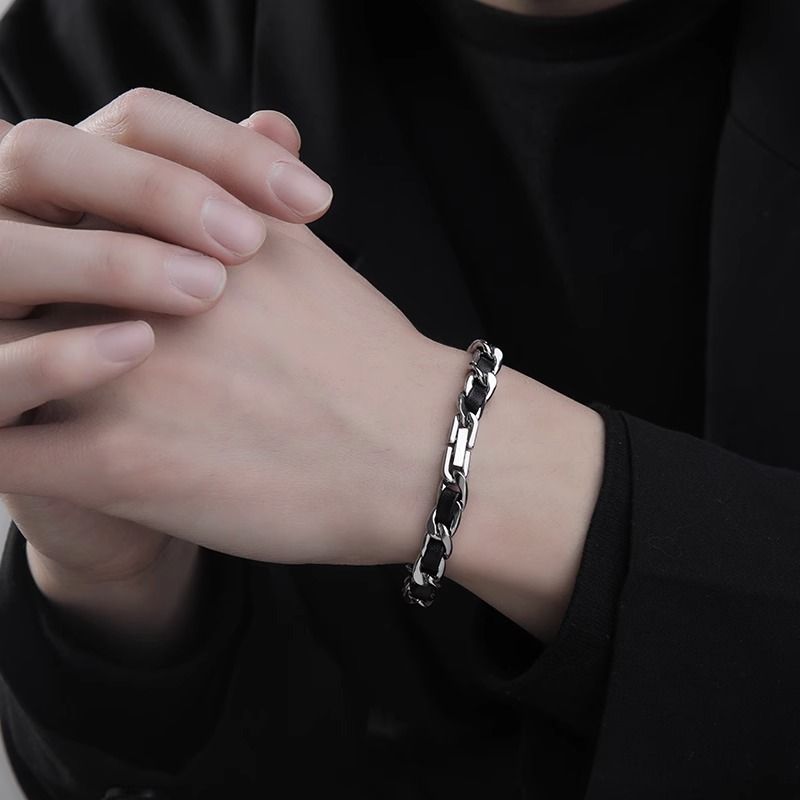 Men's Titanium Steel Bracelet(21cm)- Black and Silver-Tone Chain Link Wrist view 4