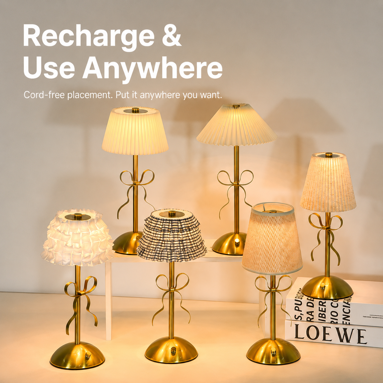 Creative Rechargeable Bow Table Lamp with Pleated Fabric Lampshade - Three view 5