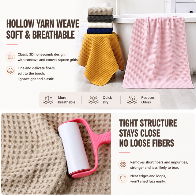 5 Piece Pink Waffle Weave 100% Cotton Towel Set - Quick Dry Absorbent Bath Towel view 2