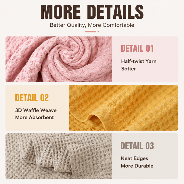 5 Piece Pink Waffle Weave 100% Cotton Towel Set - Quick Dry Absorbent Bath Towel view 3