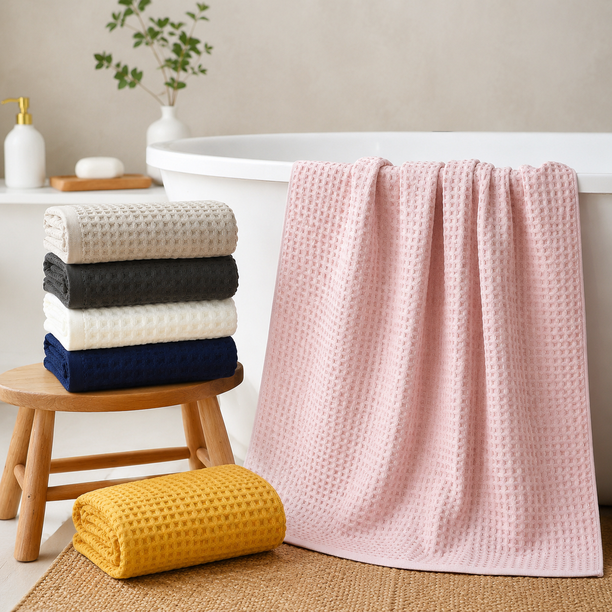 5 Piece Grey Waffle Weave 100% Cotton Towel Set - Quick Dry Absorbent Bath Towel view 4