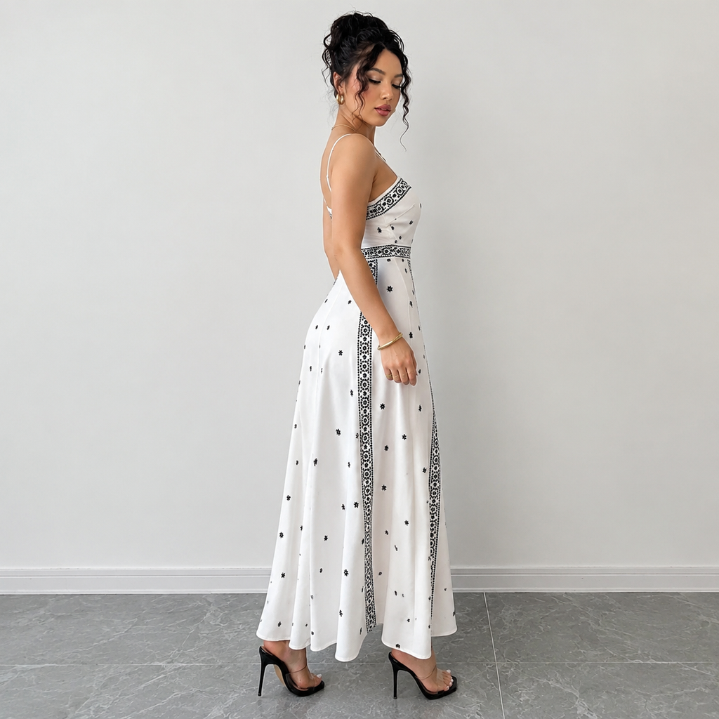 Women's White Boho Print Maxi Dress S Size - Stretch Polyester Fabric view 5