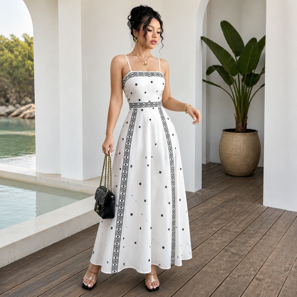 Women's White Boho Print Maxi Dress M Size - Stretch Polyester Fabric