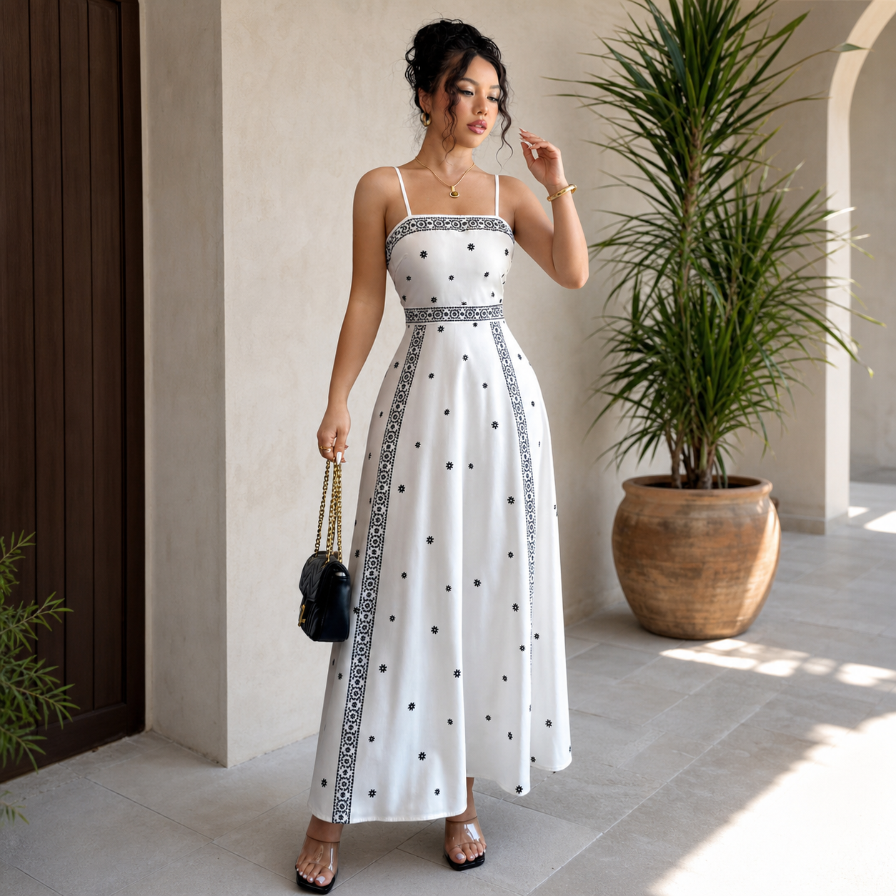 Women's White Boho Print Maxi Dress L Size - Stretch Polyester Fabric view 4