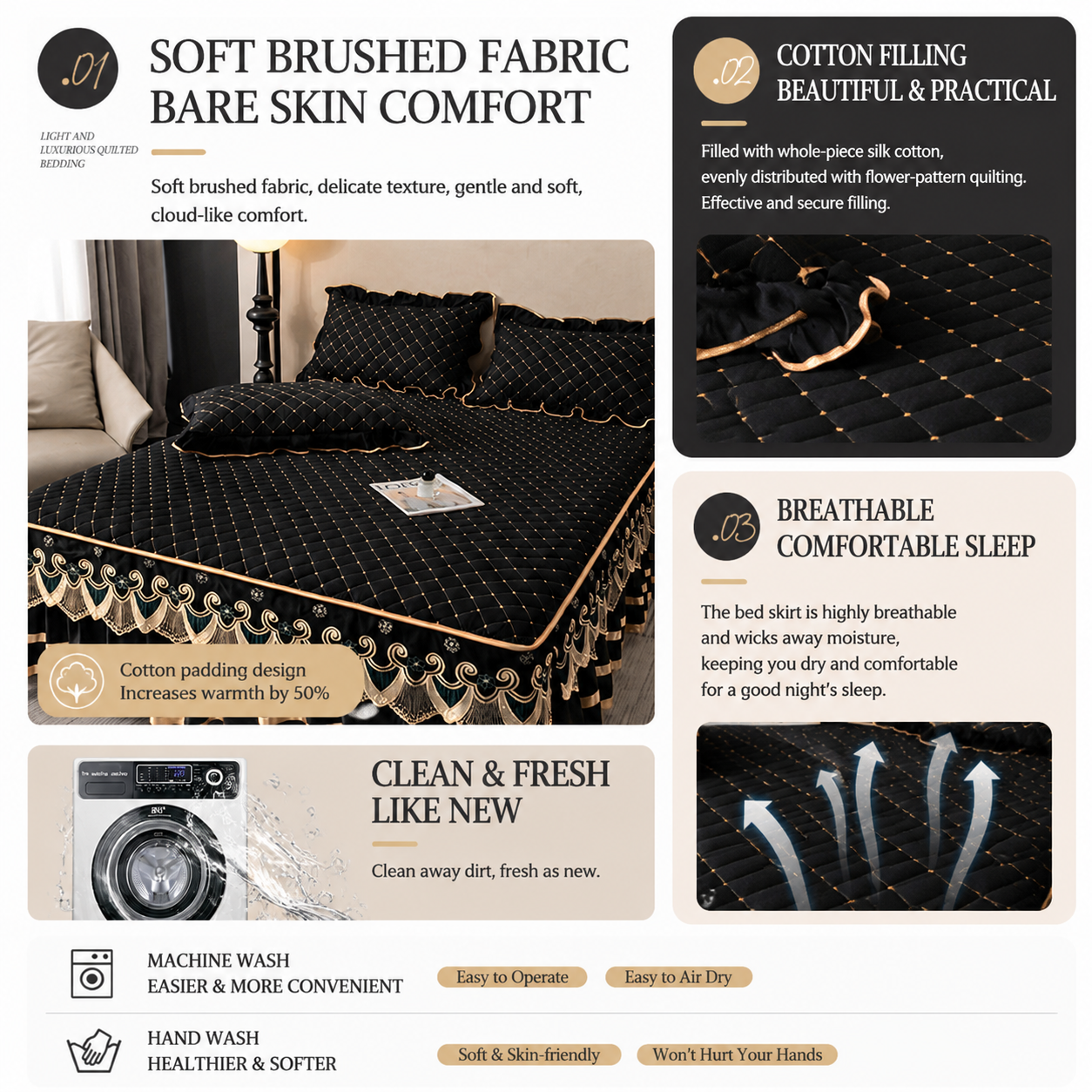 Grey and Gold European Soft Brushed Quilted Bed Skirt + 2 Pillowcases Set view 2
