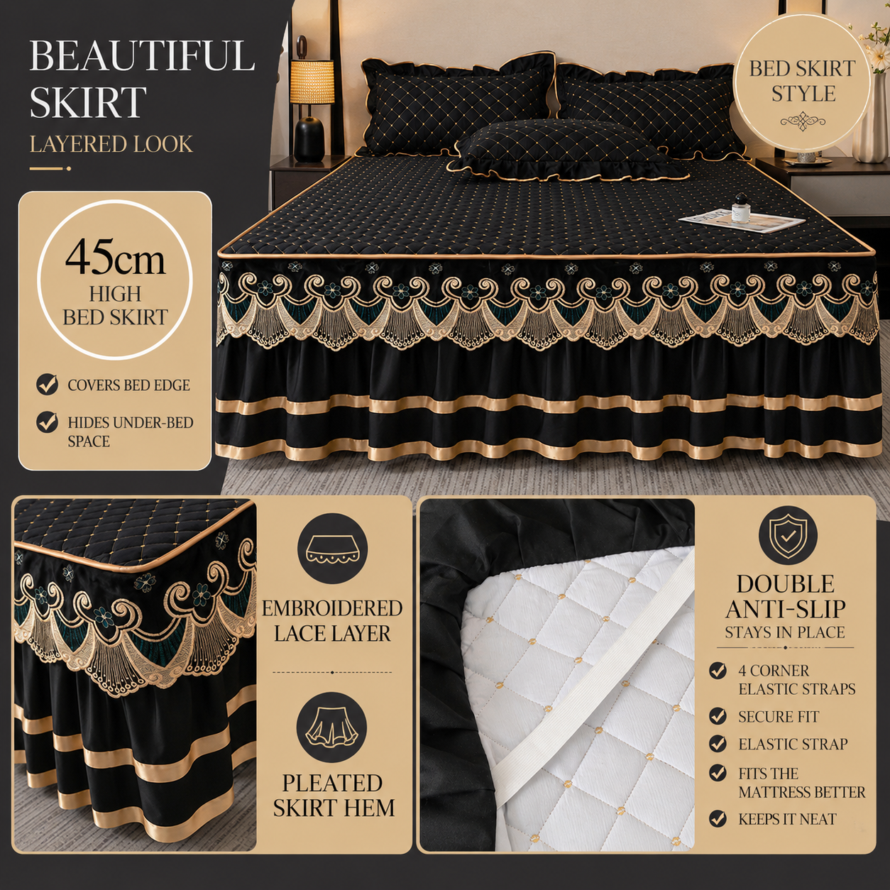 Grey and Gold European Soft Brushed Quilted Bed Skirt + 2 Pillowcases Set view 3
