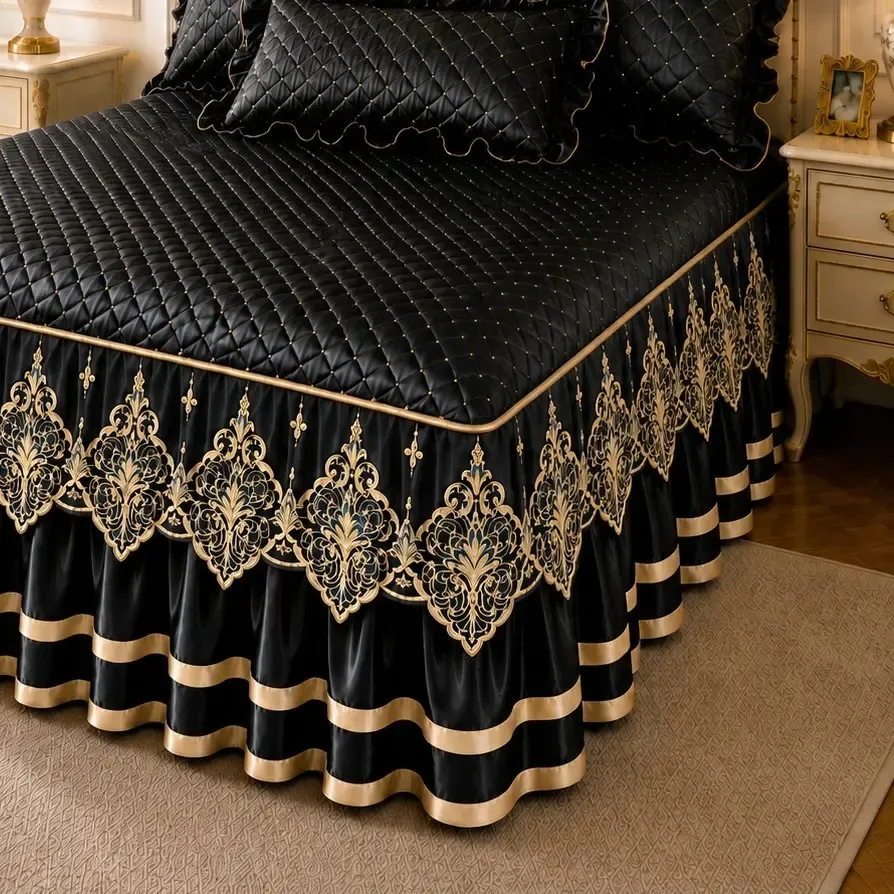 Grey and Gold European Soft Brushed Quilted Bed Skirt + 2 Pillowcases Set view 4