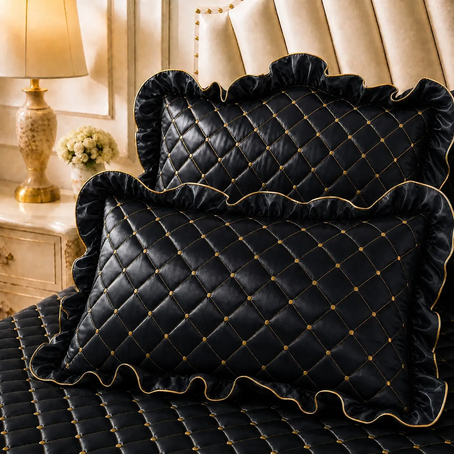 Grey and Gold European Soft Brushed Quilted Bed Skirt + 2 Pillowcases Set view 5