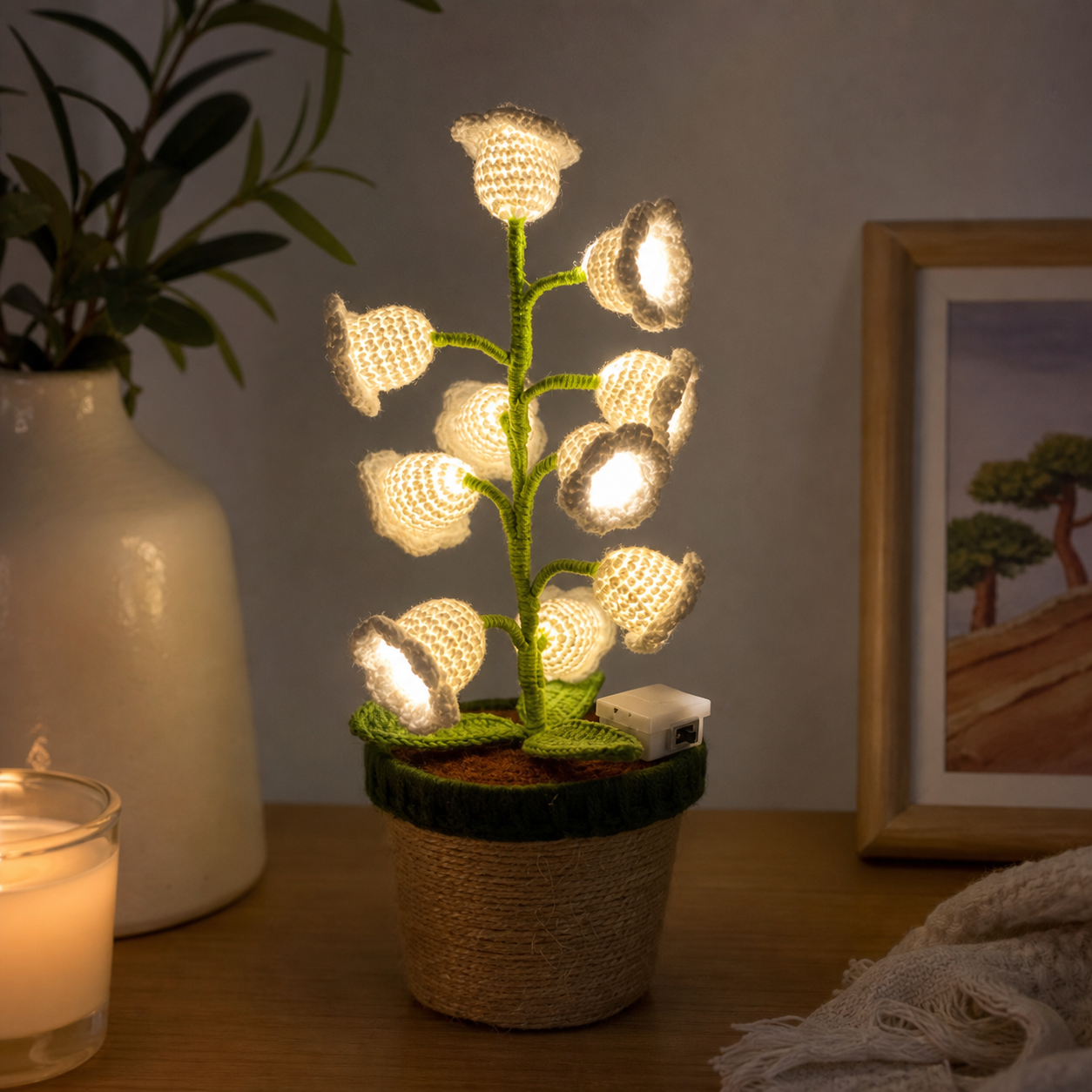 Green Crochet Single Lily of the Valley Night Light - Handmade Cotton Yarn LED view 4