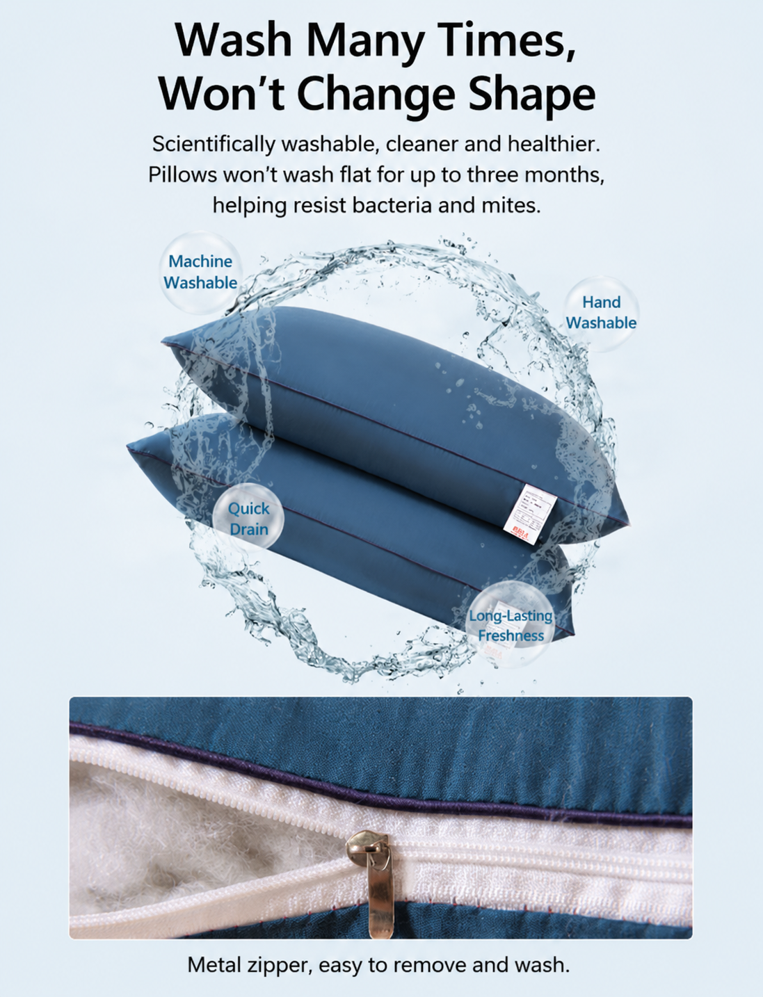 2 Pack Navy Blue Medium Bed Pillows with Washable Zip Cover Set (48 x 74 cm) view 4