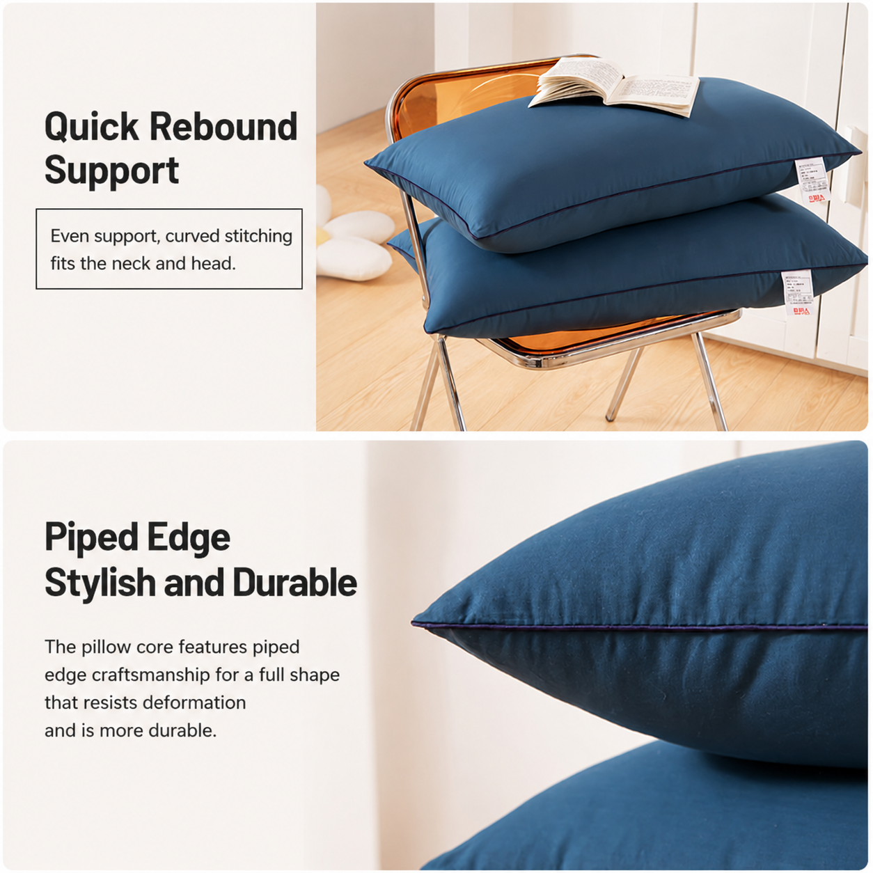 2 Pack Navy Blue Low Bed Pillows with Washable Zip Cover Set (48 x 74 cm) view 2