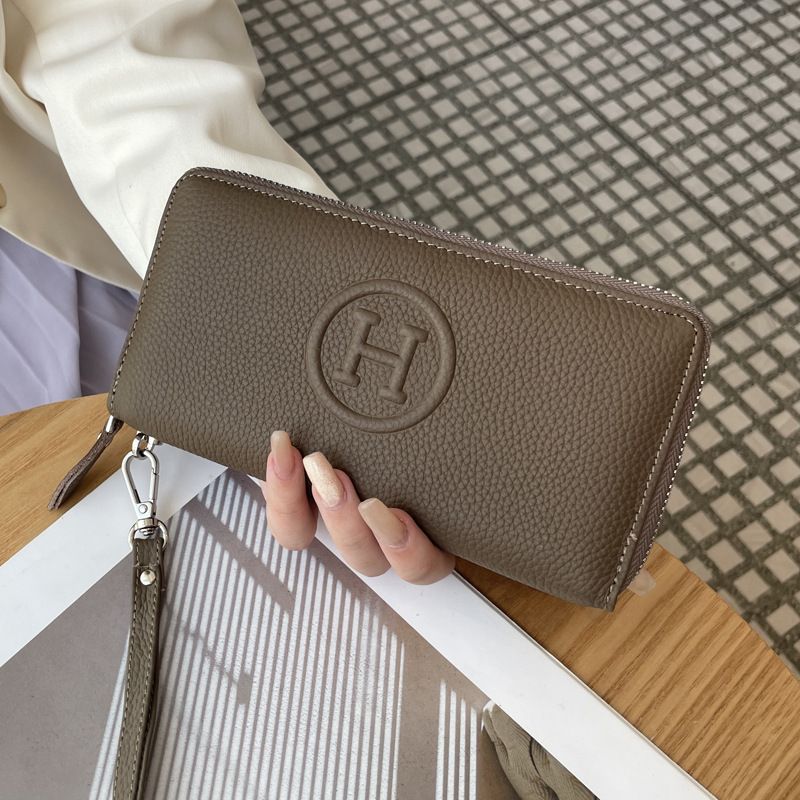 Khaki Women's Genuine Leather Long Wallet - Zip Closure Clutch Purse with — image 1