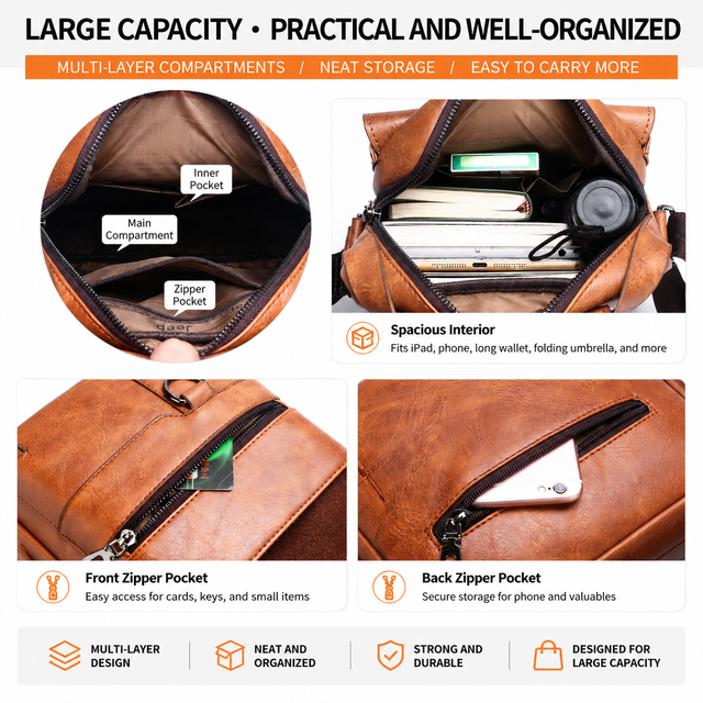 4PCS Khaki Retro Business Casual Bag Set with Soft PU Leather Messenger Bag view 3