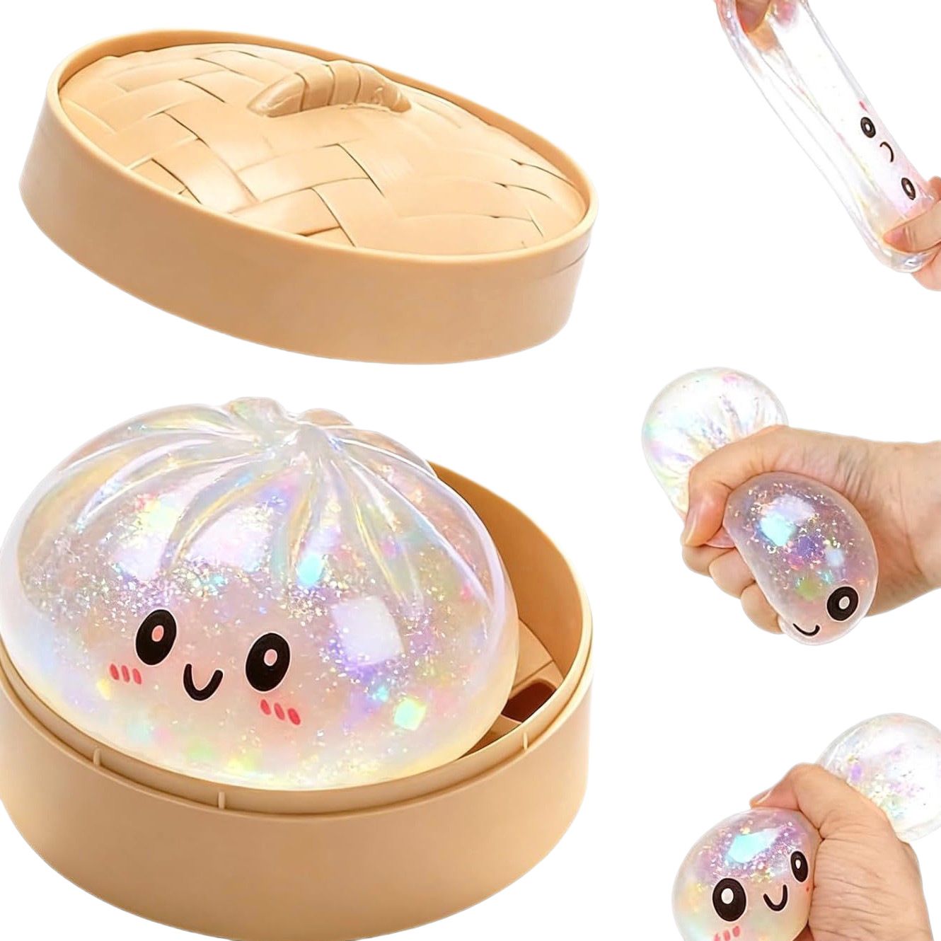 Realistic Steamed Bun Squishy Stress Relief Toy with Steamer Basket - Pearl