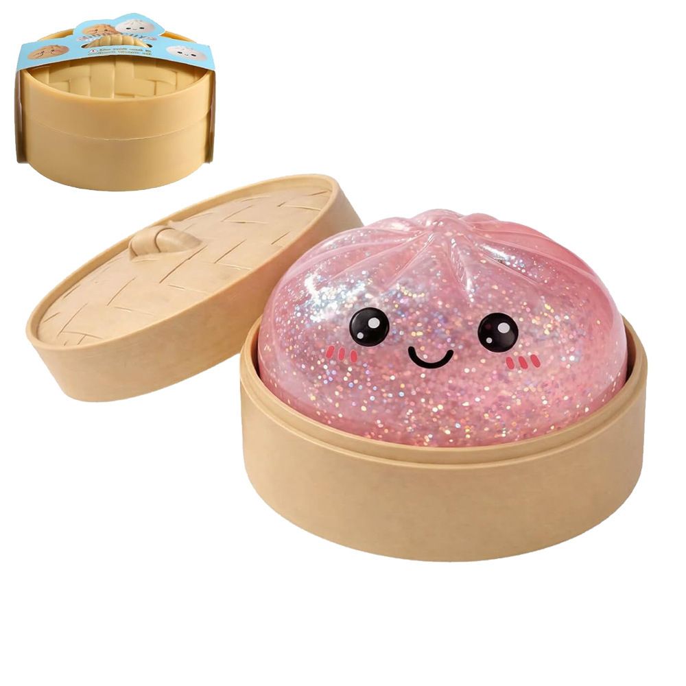 Realistic Steamed Bun Squishy Stress Relief Toy with Steamer Basket - Pink