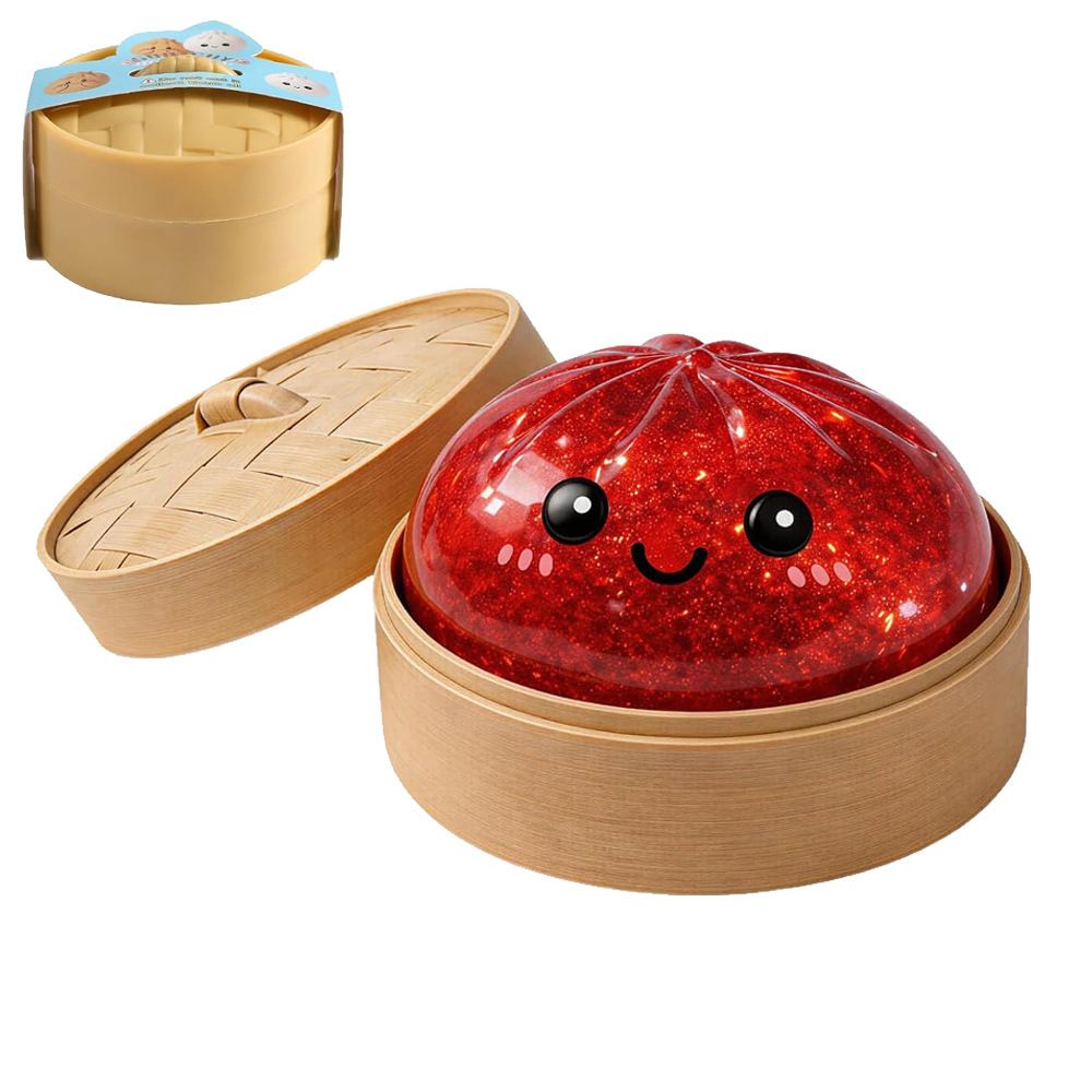 Realistic Steamed Bun Squishy Stress Relief Toy with Steamer Basket - Red