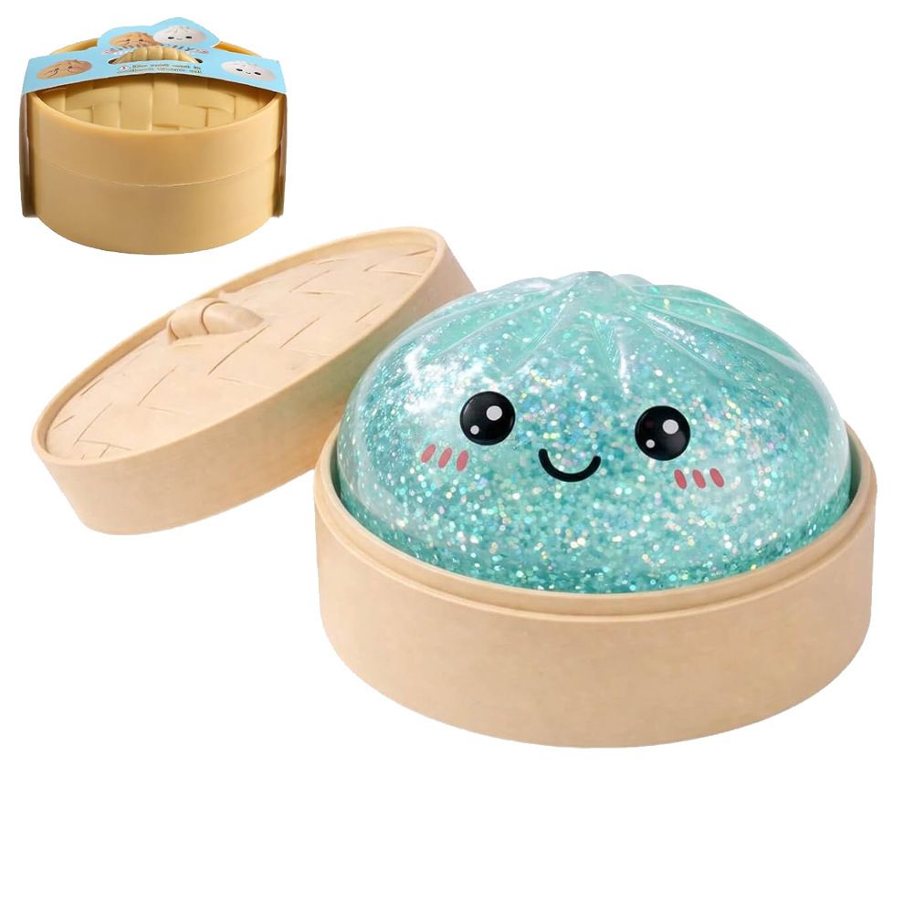 Realistic Steamed Bun Squishy Stress Relief Toy with Steamer Basket - Cyan