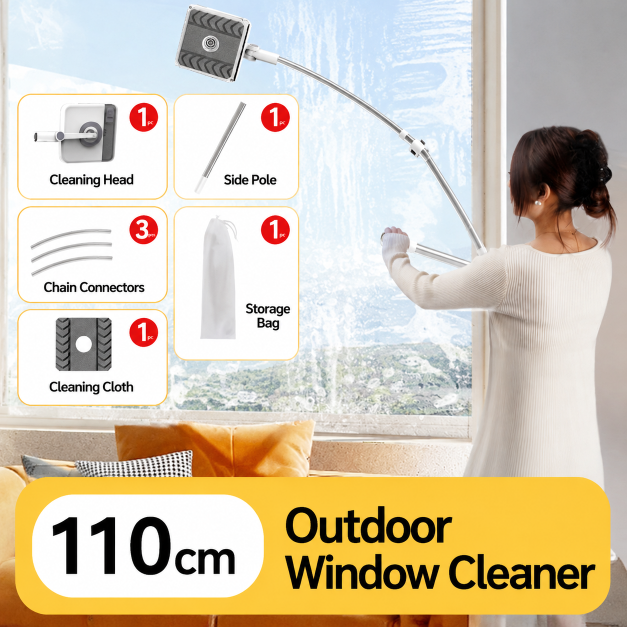 Lightweight Interior & Exterior Window Cleaner with 110cm Extendable Aluminium — image 1