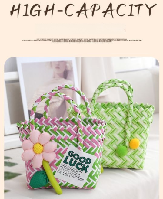 Handwoven Fresh PP Tote Bag with Upright Square Structure & Flower Deco view 2