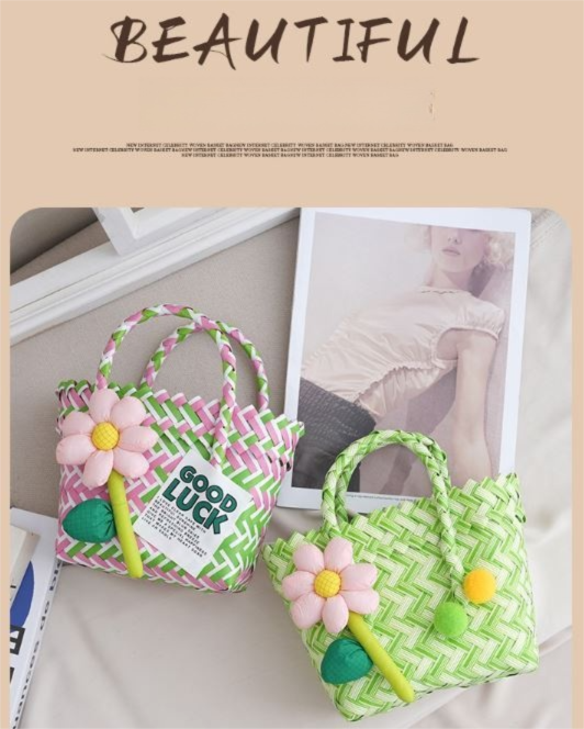 Handwoven Fresh PP Tote Bag with Upright Square Structure & Flower Deco view 3