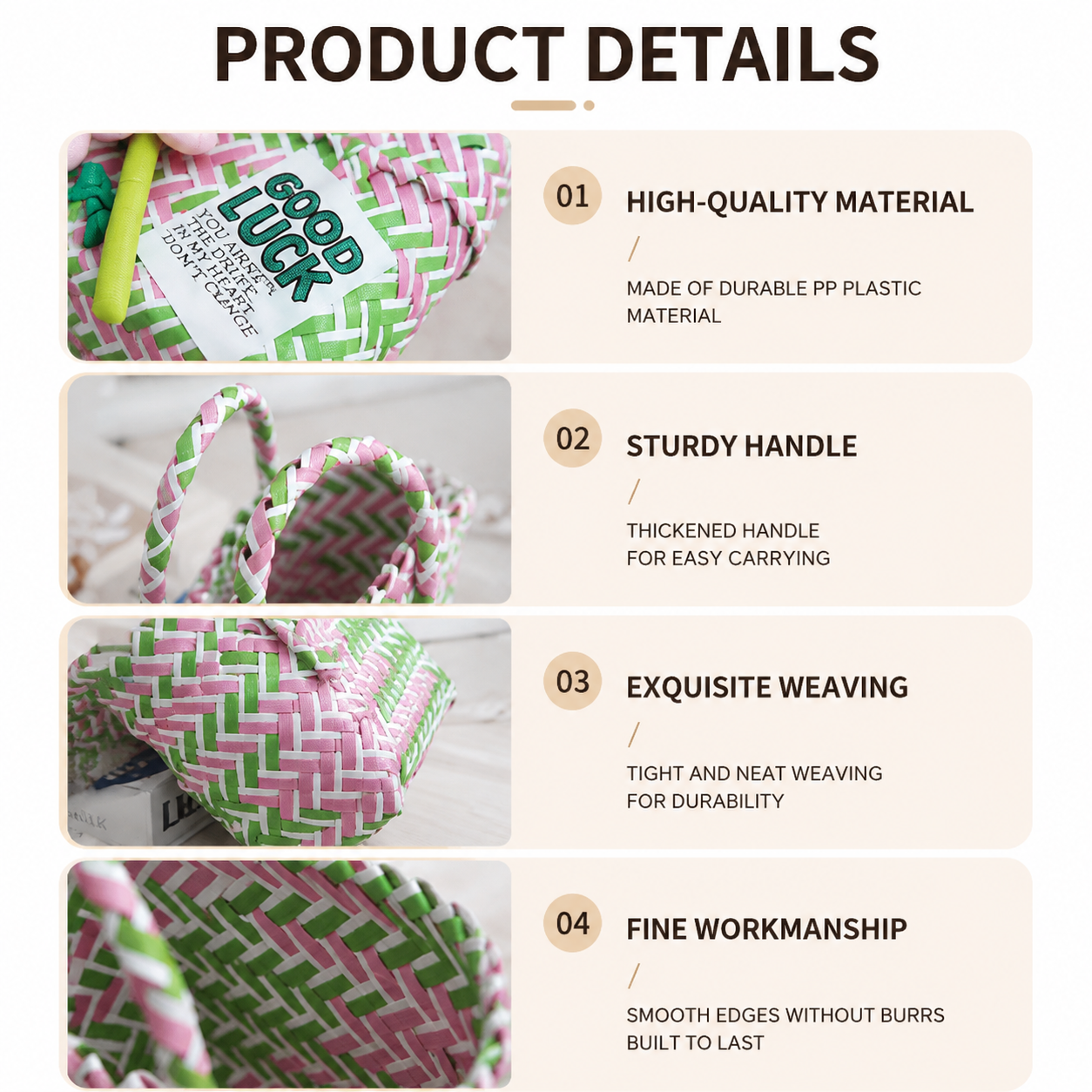 Handwoven Fresh PP Tote Bag with Upright Square Structure & Flower Deco view 6