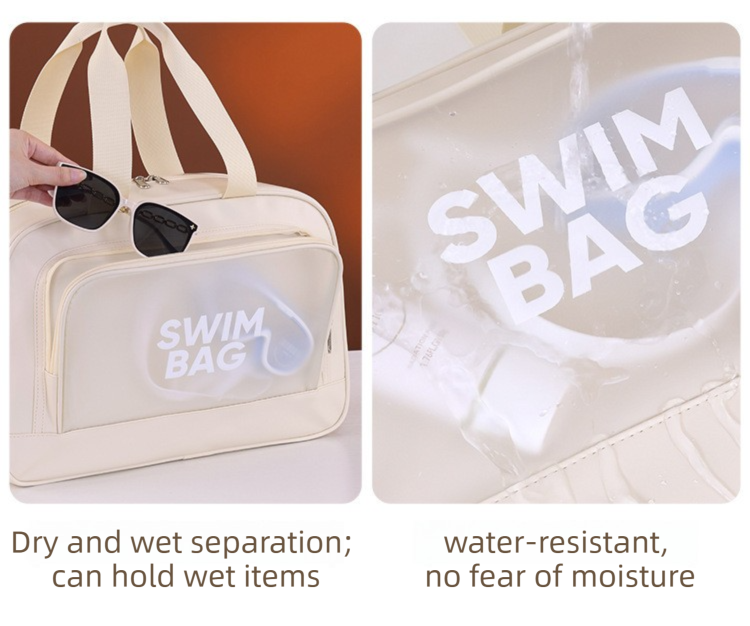 Beige Durable Waterproof Swim Bag with Shoe Compartment & Wet Dry Separation view 3