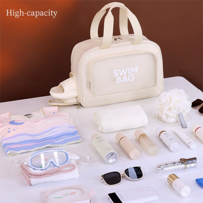 Beige Durable Waterproof Swim Bag with Shoe Compartment & Wet Dry Separation view 4