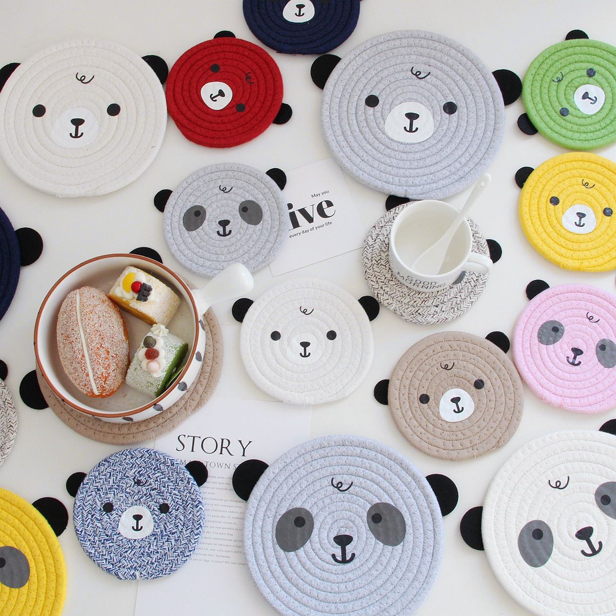 4PCS Grey Cute Bear Woven Cotton Coasters view 2