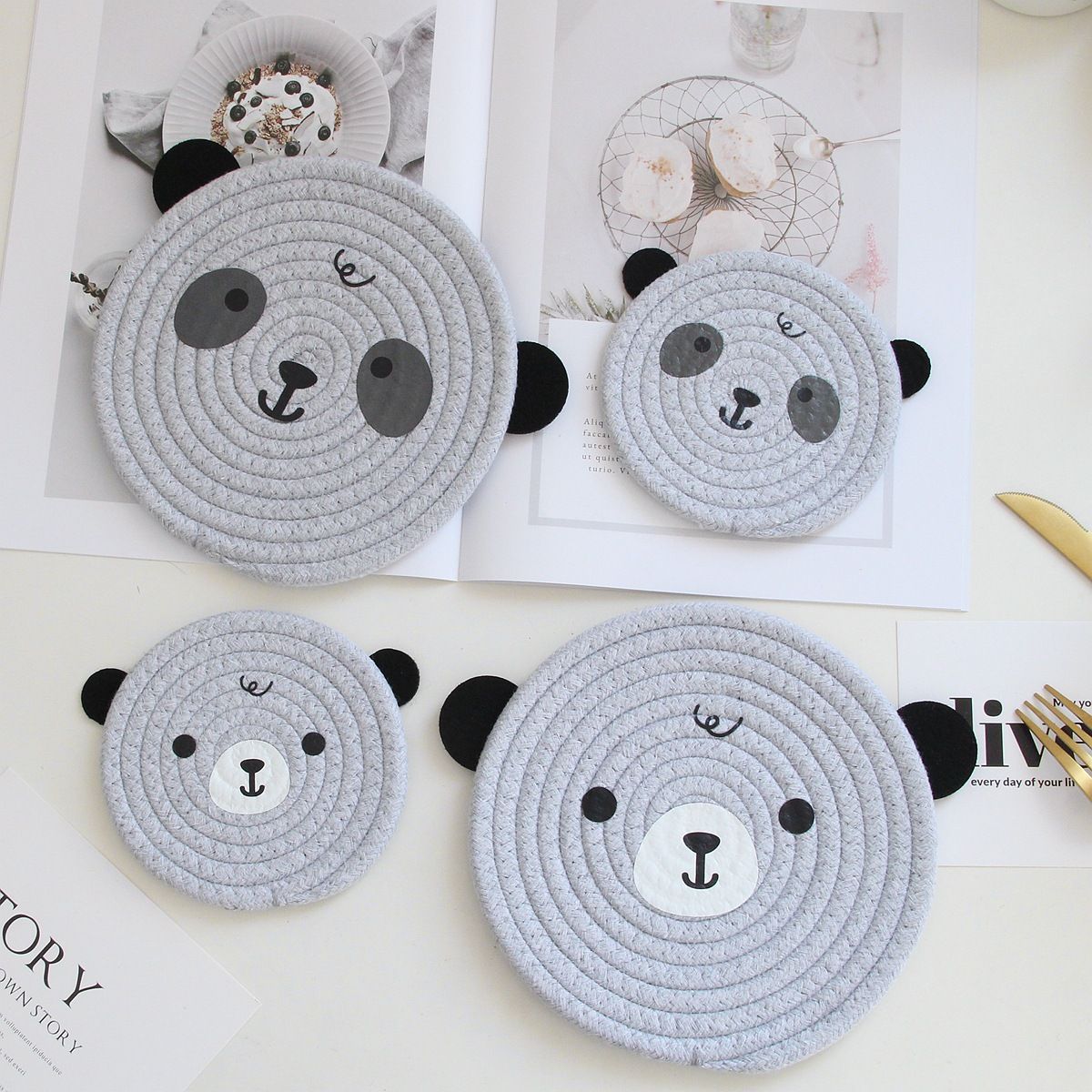 4PCS Blue Variegated Cute Bear Woven Cotton Coasters view 3