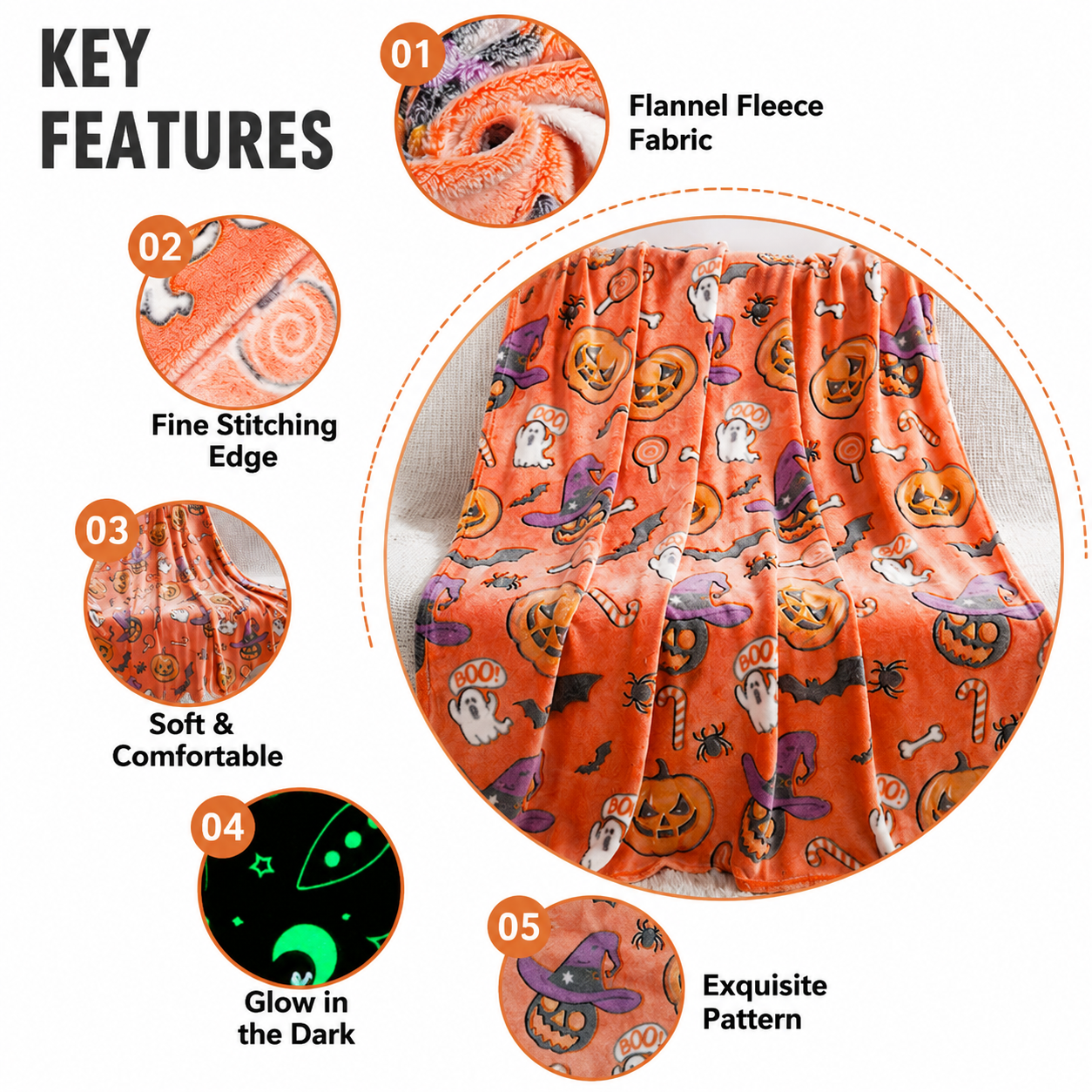 Glow in the Dark Flannel Blanket with Playful Hallowen Pumpkin (S144 view 3
