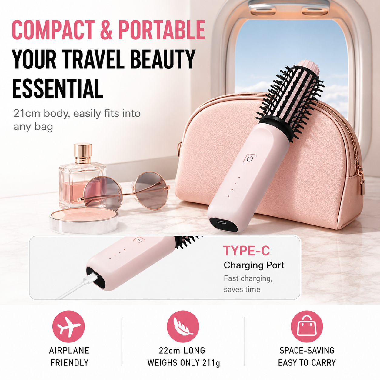 Pink 2 in 1 Wireless Hair Straightener and Curler Brush - Lightweight Ceramic view 6