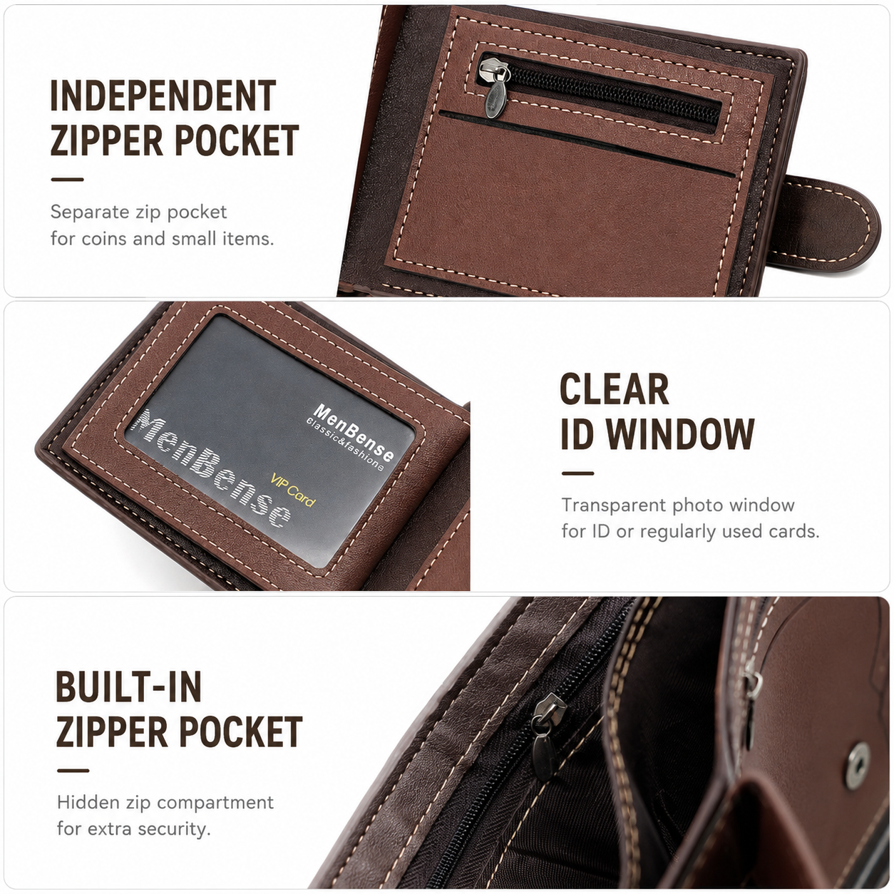 Black Mens Frosted PU Leather Trifold Wallet with Coin Zipper Pocket view 4