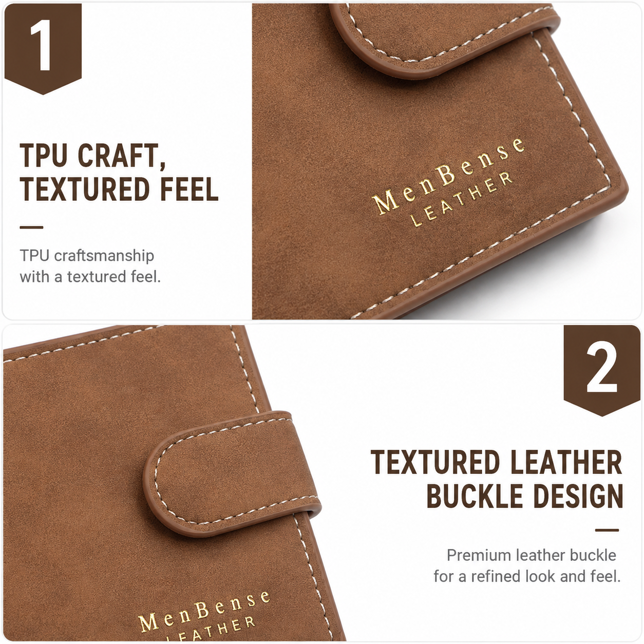 Brown Mens Frosted PU Leather Trifold Wallet with Coin Zipper Pocket view 3