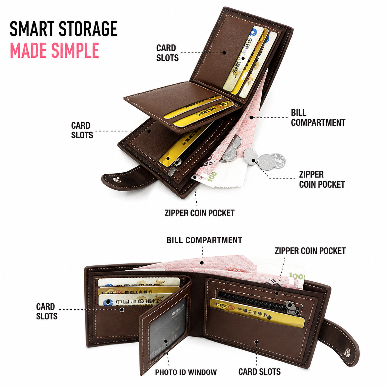 Coffee Mens Frosted PU Leather Trifold Wallet with Coin Zipper Pocket view 2