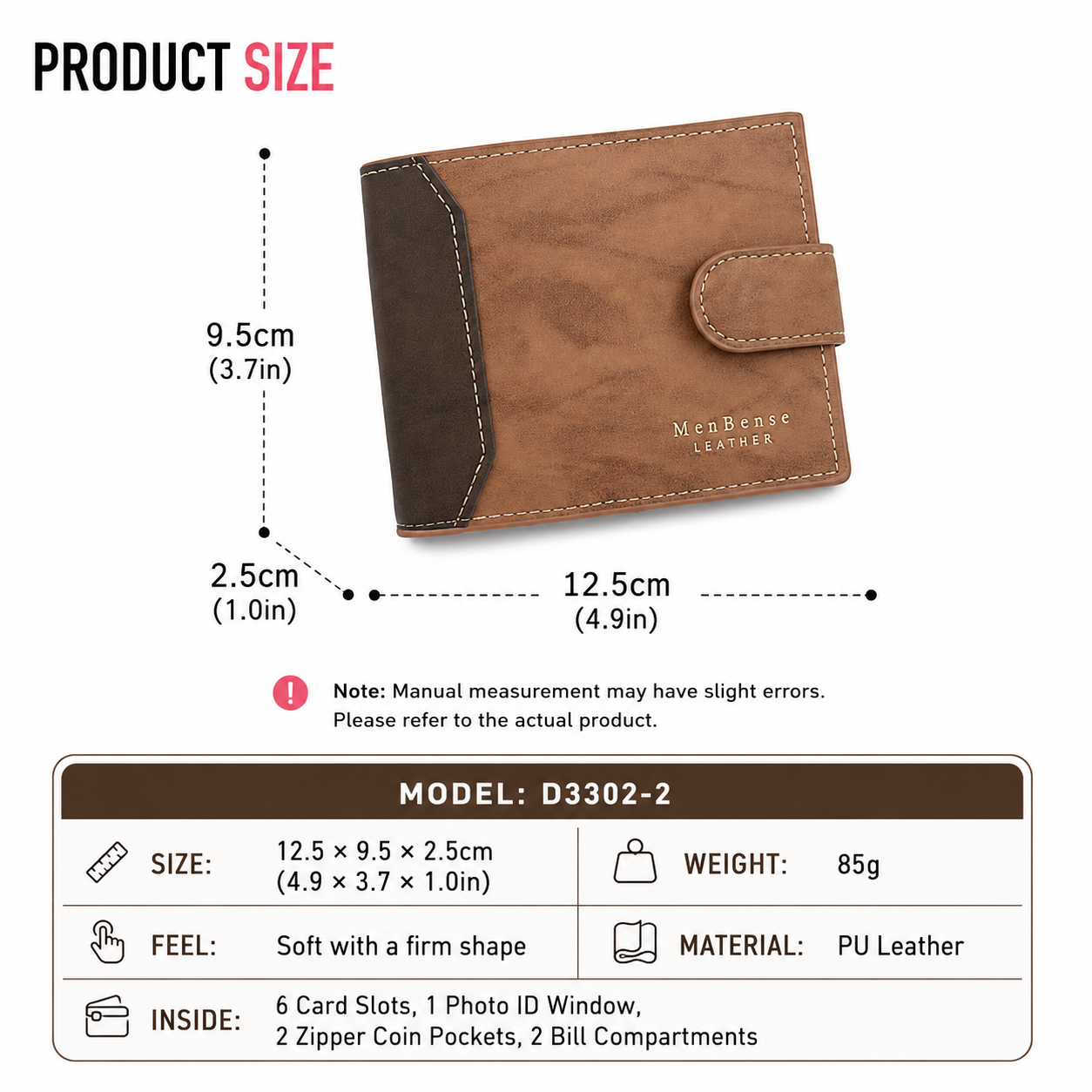 Coffee Mens Frosted PU Leather Trifold Wallet with Coin Zipper Pocket view 5