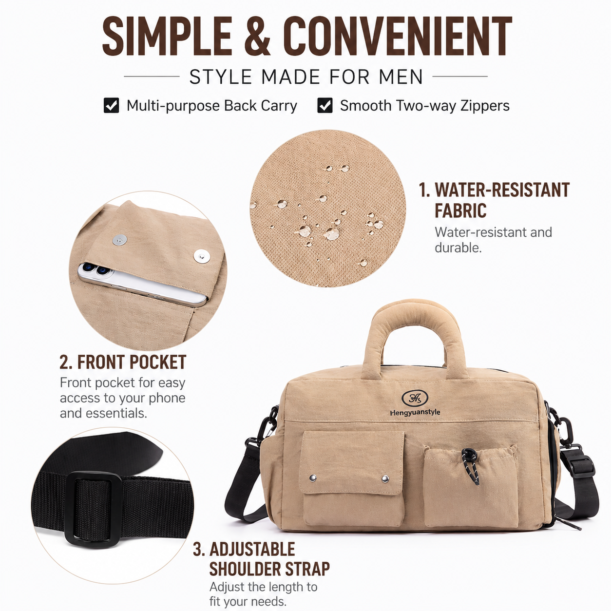 Khaki Large Capacity Waterproof Travel Duffel Bag with Shoe Compartment & view 2