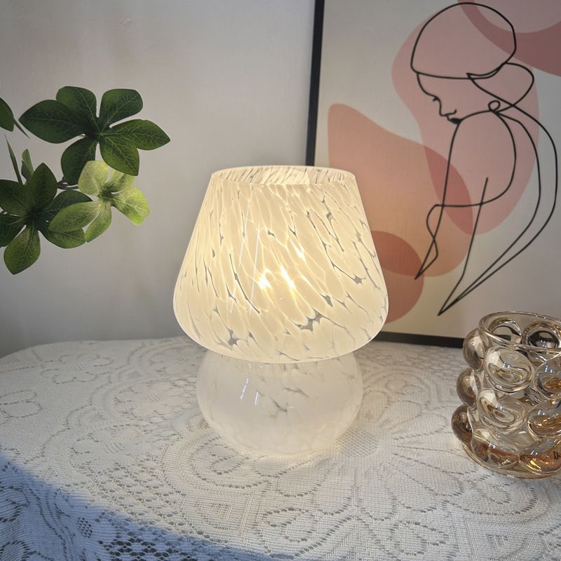 White Speckled All Glass Mushroom Table Lamp - Bedside Soft Ambient Night Light view 2