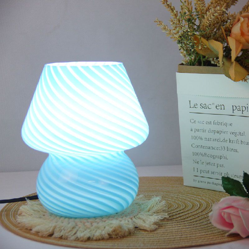 Blue Striped Retro All Glass Mushroom Table Lamp (2 Pack) - American Style — image 1