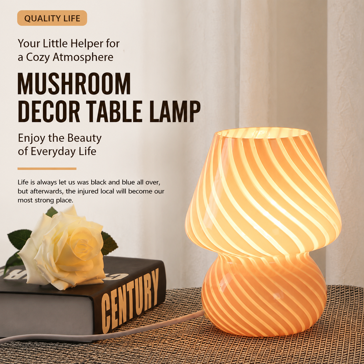 Pink Striped Retro All Glass Mushroom Table Lamp (2 Pack) - American Style view 3