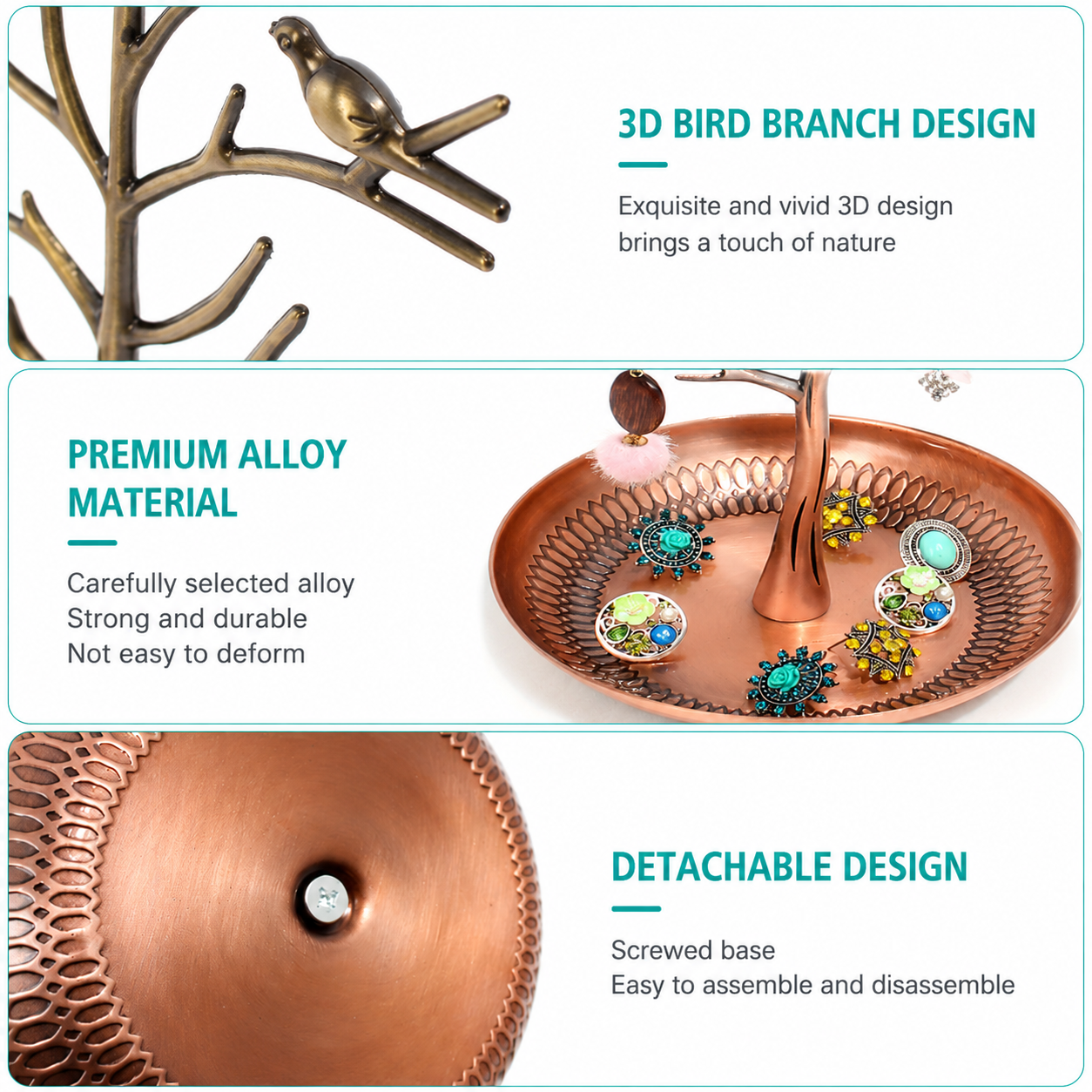 Bronze Detachable Alloy Jewelry Stand Deco with Bird-Tree Shaped Branches and view 3