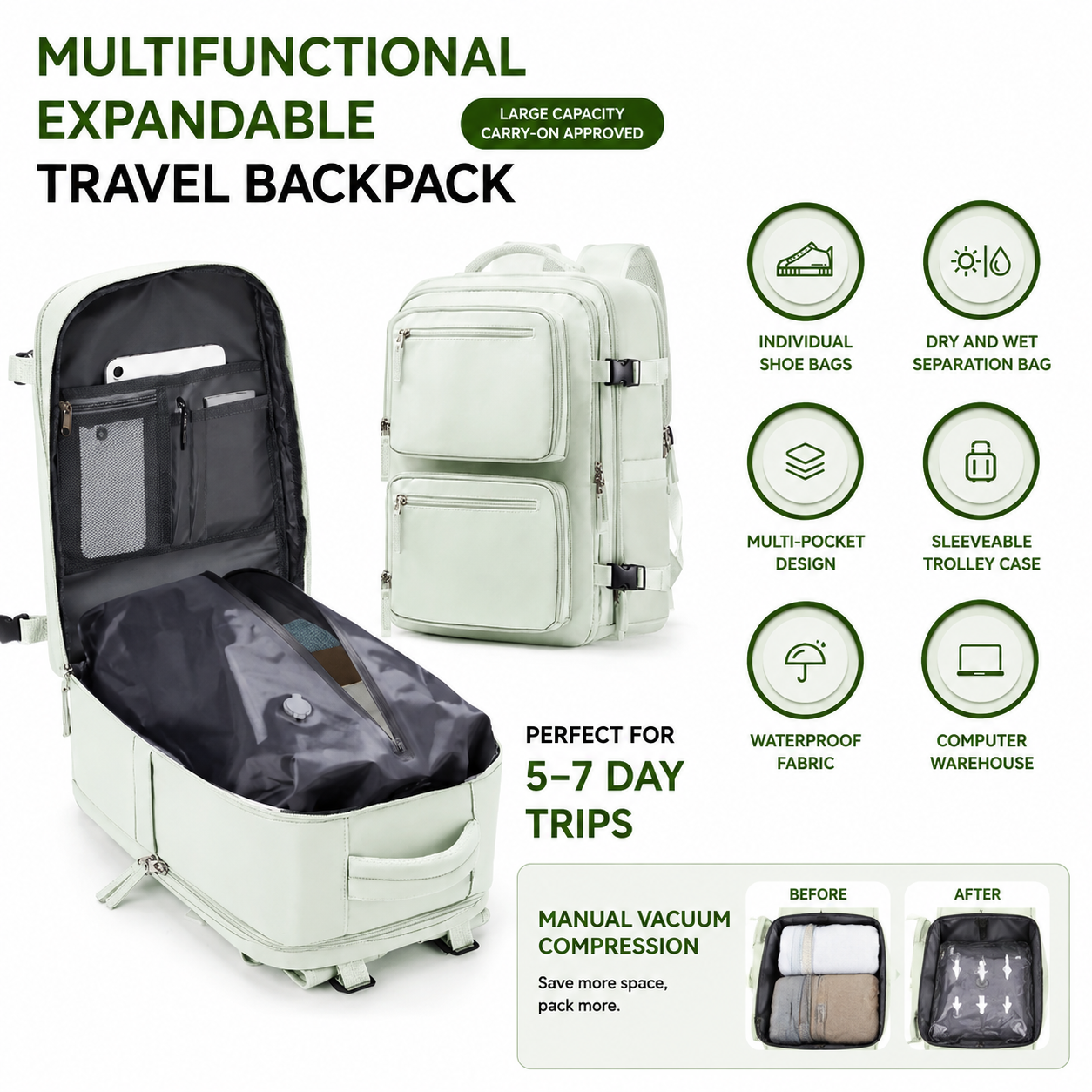Black 35L Vacuum Compression Travel Backpack with Manual Air Pump view 2