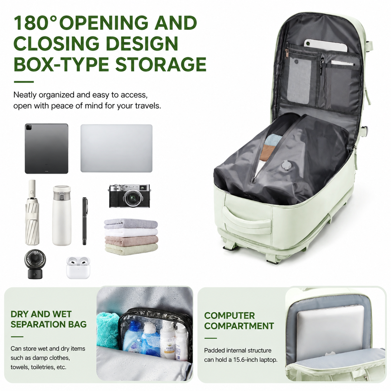 Green 35L Vacuum Compression Travel Backpack with Manual Air Pump view 4